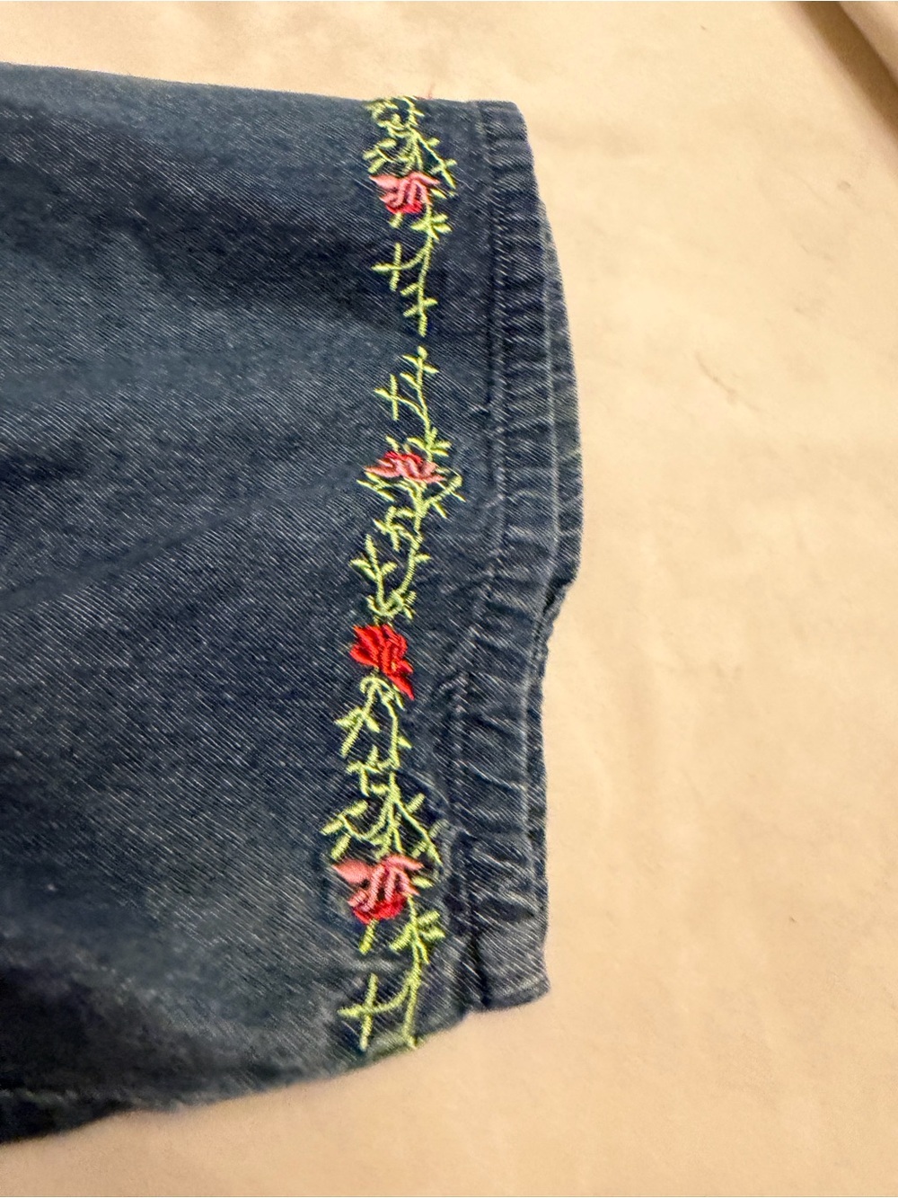 Vintage 90s Denim Floral Embroidered V-Neck Patio Swing Dress, see measurements - Picture 9 of 12